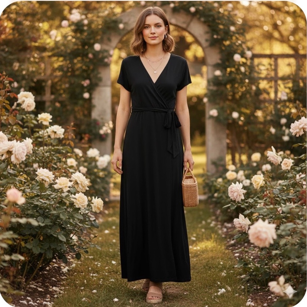 Rolla Coster Black Wrap Maxi Dress      Size L Short Sleeve